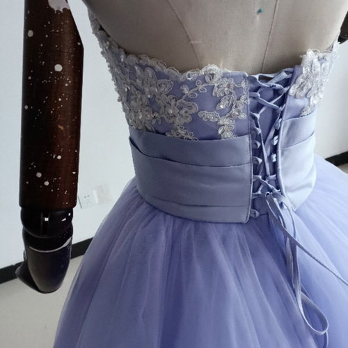 パープル/紫 カラードレス 3D立体レース刺繍 ベアトップ 挙式 2ways