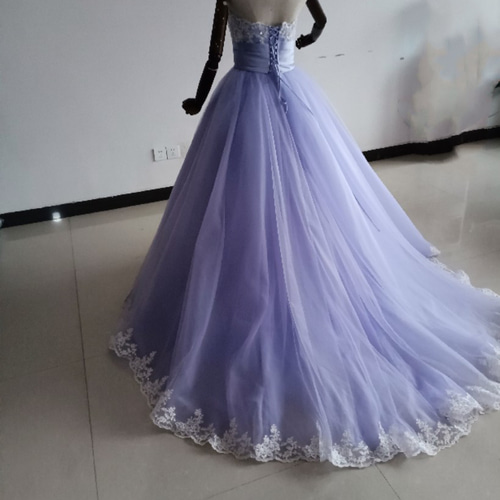 パープル/紫 カラードレス 3D立体レース刺繍 ベアトップ 挙式 2ways