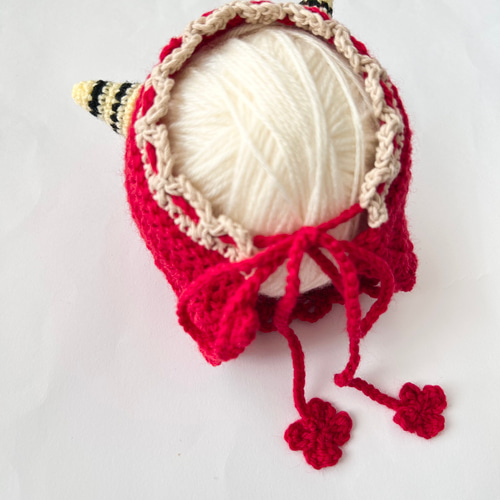 節分ベビーボンネット☆新生児～2歳サイズ 赤鬼 ツノ 手編み 帽子