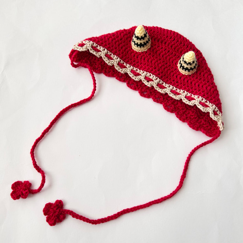 節分ベビーボンネット☆新生児～2歳サイズ 赤鬼 ツノ 手編み 帽子