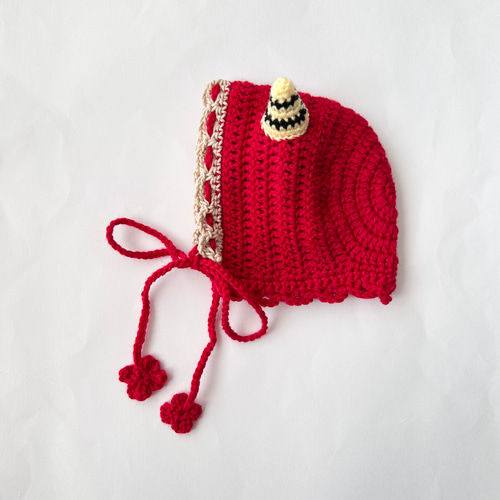 節分ベビーボンネット☆新生児～2歳サイズ 赤鬼 ツノ 手編み 帽子