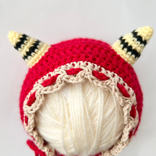 節分ベビーボンネット☆新生児～2歳サイズ 赤鬼 ツノ 手編み 帽子