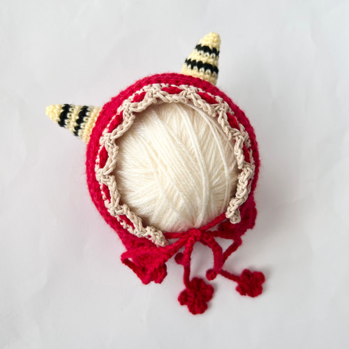 節分ベビーボンネット☆新生児～2歳サイズ 赤鬼 ツノ 手編み 帽子