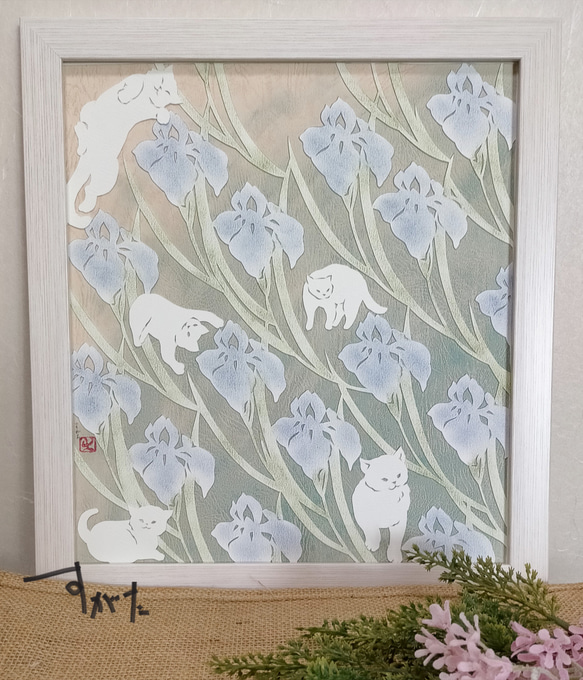 絵画。原画【月の白い猫に美しいバラを三本植えました】 - 絵画