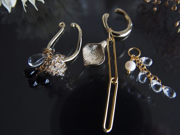 Ear cuff＊précieuses noires＊4way  ヨーロッパ製ファルファーレのイヤーカフ 5枚目の画像