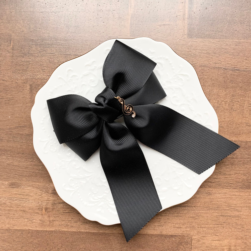 ビッグダブルリボン ブラック 黒のト音記号 リボンヘアアクセサリー