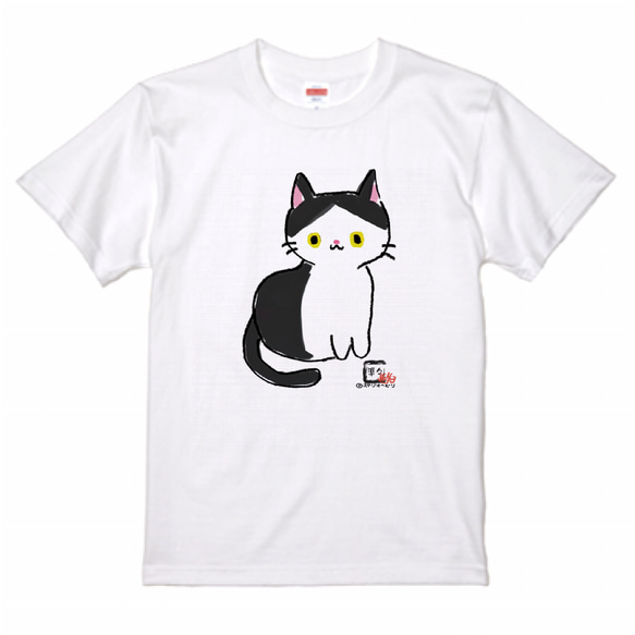 【準々画伯】ハチワレ猫ちゃん　5.6ozTシャツ　ホワイト 1枚目の画像