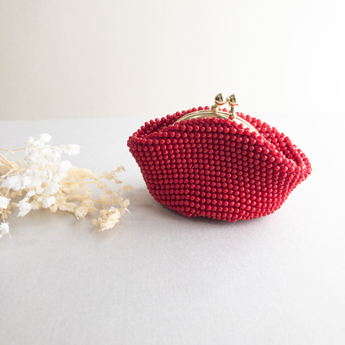 受注生産】ビーズ ポーチ がま口 赤 ギフト 誕生日 還暦 がま口