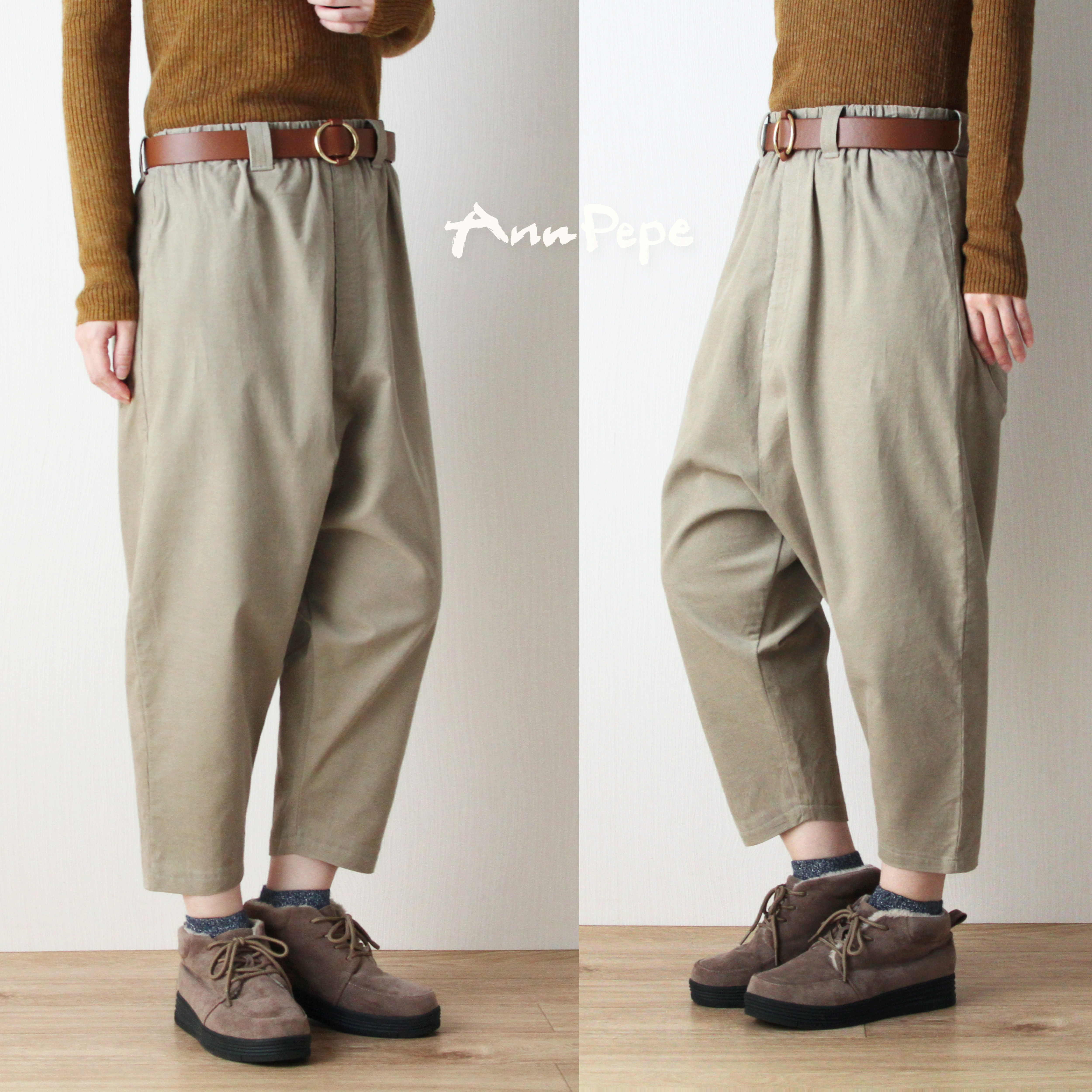 太さ・股上も選べる♣ 軽めコーデュロイ綿100% ／サルエルパンツ アイボリーグレー 9分丈 テーパード 受注制作