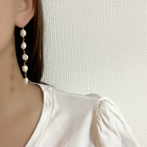 選べる金具7種】 5粒淡水パール ピアス イヤリング ロング 淡水