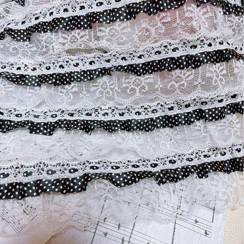 B212 ホワイト色ドット柄フリルレース生地 手芸用品 レース