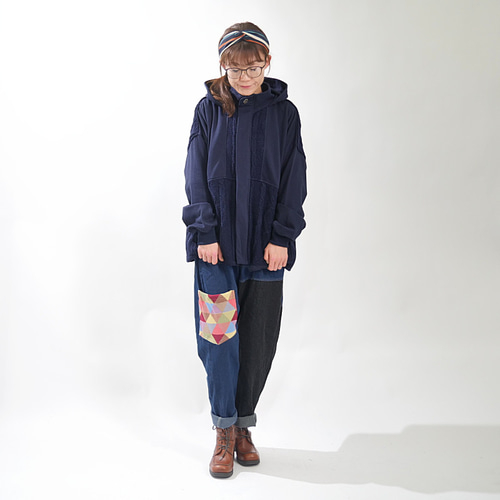 送料無料＊ブロック柄ポケット＊配色切り替え＊柔らかデニム＊ウエスト