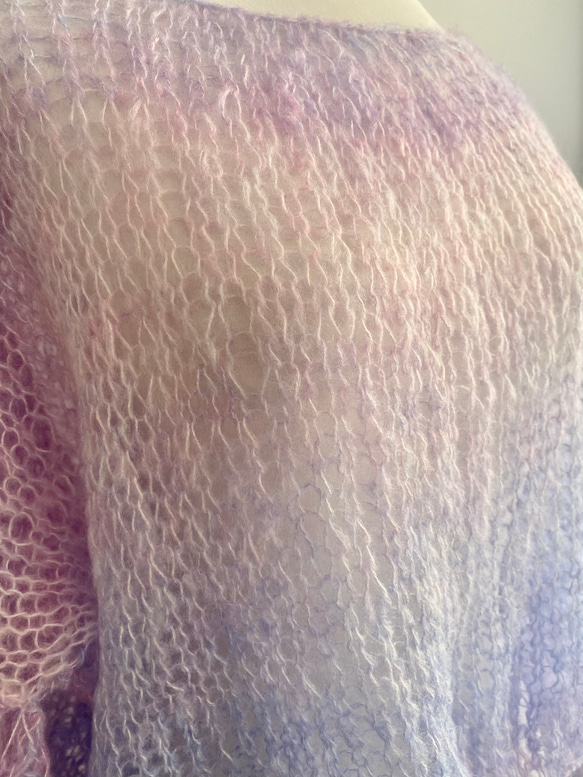 SALE 手編みシアーモヘアニット　オーバーサイズ　長め袖　パステル虹色　ローゲージ 5枚目の画像