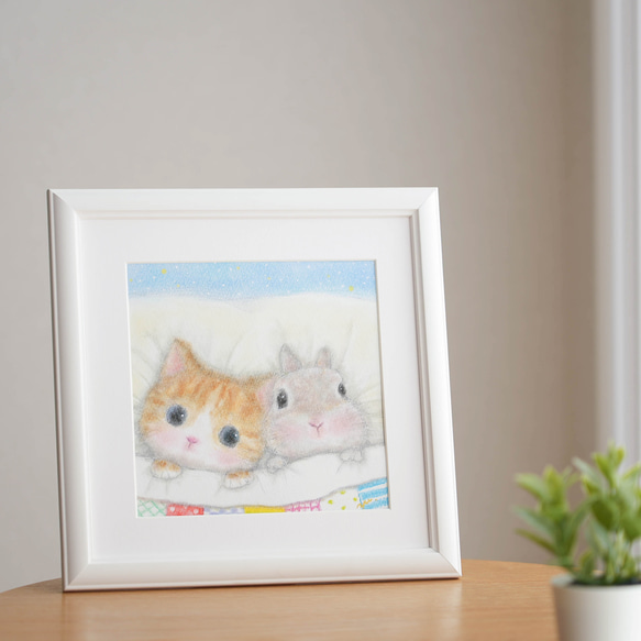 【原画】「いっしょにおねんね」　猫　うさぎ　パステルアート　動物　かわいい　イラスト　ネコ　ねこ　ウサギ 2枚目の画像