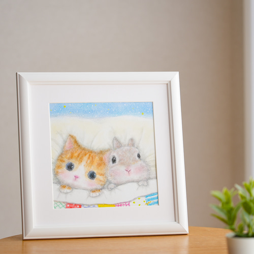原画】「いっしょにおねんね」 猫 ネコ ねこ うさぎ パステル