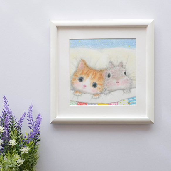 【原画】「いっしょにおねんね」　猫　うさぎ　パステルアート　動物　かわいい　イラスト　ネコ　ねこ　ウサギ 3枚目の画像