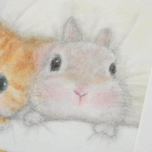 原画】「いっしょにおねんね」 猫 うさぎ パステルアート 動物