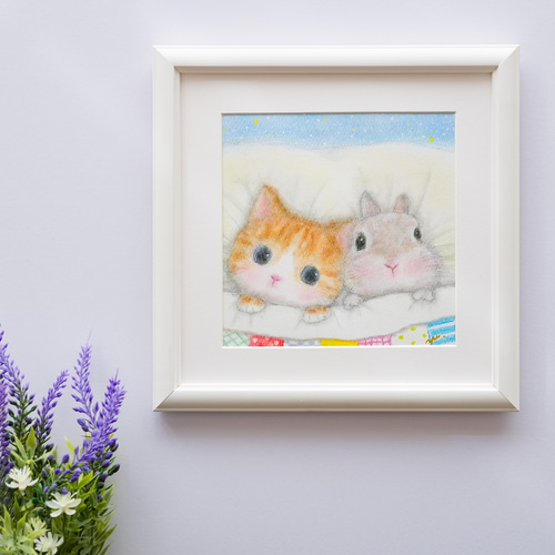 オーダー品　自作絵画　猫とうさぎたち　猫とうさぎの絵 オーダー品 自作絵画 猫とうさぎたち 猫とうさぎの絵