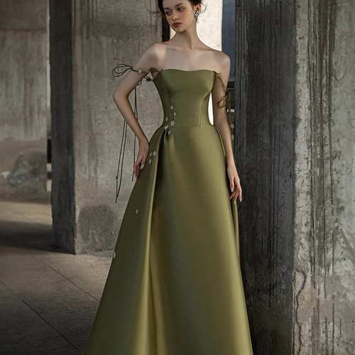 スパゲティストライプパーティドレス くすみグリーン ドレス ウララ  