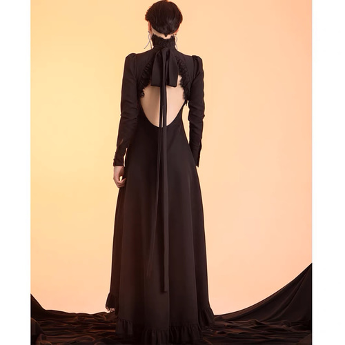 長袖 バックリボン ハイネック ブラックドレス 二次会 前撮り ドレス  