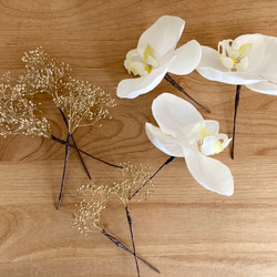 ホワイト×ゴールド胡蝶蘭かすみ草のヘッドドレス 1枚目の画像