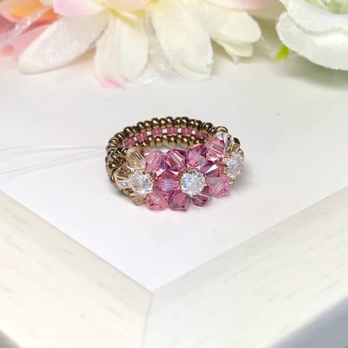 再販》小花のリング〜くすみピンク〜【キュービックジルコニアと