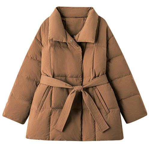 ダウンジャケット ウエストに紐コート 中長着丈 キャメル S-L #0136