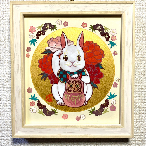 招き兎 白」 日本画作品/色紙1/4サイズ（寸松庵） 絵画 カロ