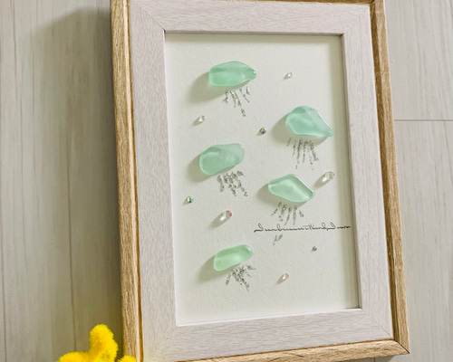 シーグラスアート 海の宝石 インテリア雑貨 北欧 アートパネル海月