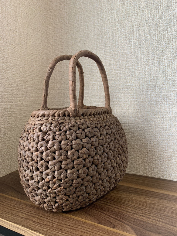 国産山葡萄　籠バッグ　花編み　巾着タイプ内布　丸い形 