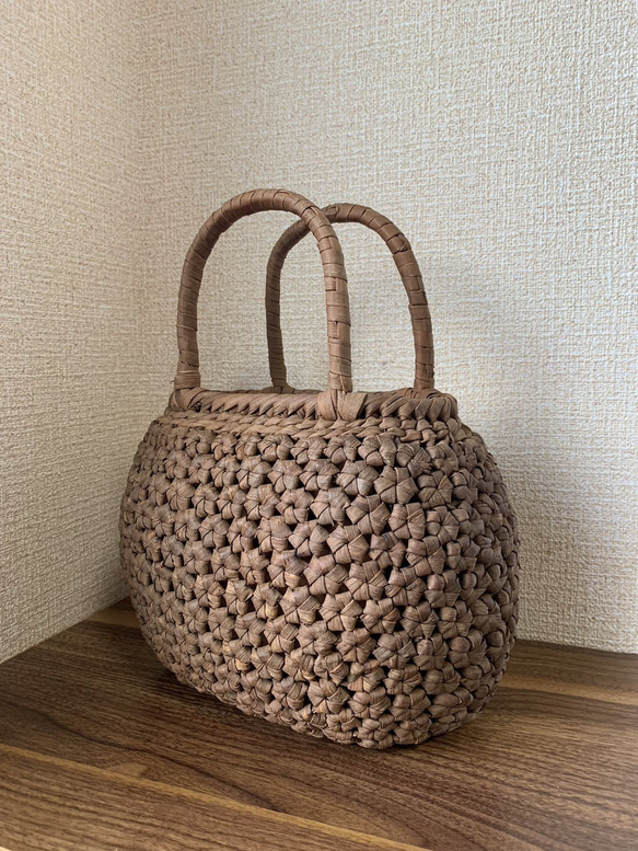 国産山葡萄　籠バッグ　花編み　巾着タイプ内布　丸い形 