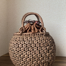 山葡萄カゴバッグ　国内産　太ひご編み　巾着袋付き 国産山葡萄蔓 手作り かごバッグ 太ひご網代編み 巾着タイプ内布 L