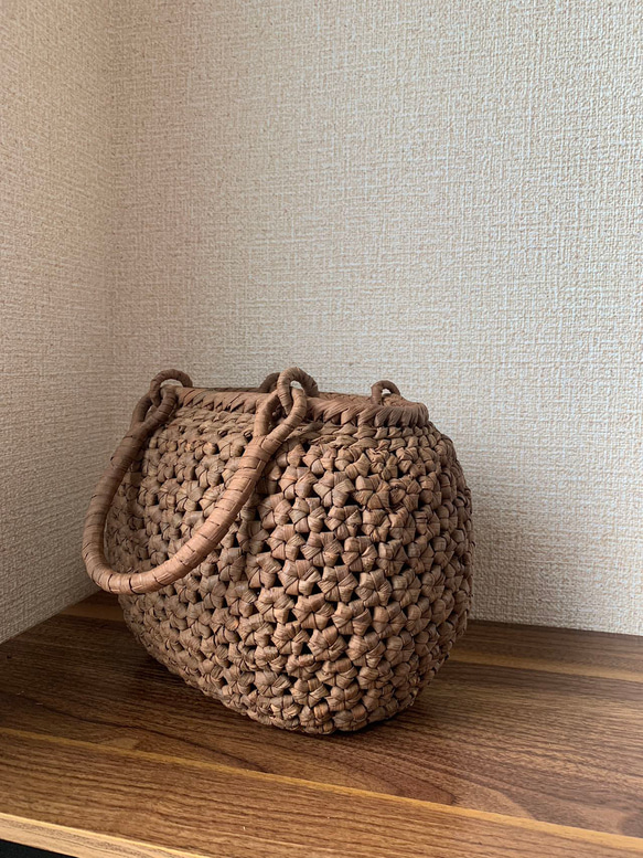国産山葡萄　籠バッグ　花編み　巾着タイプ内布　丸い形 