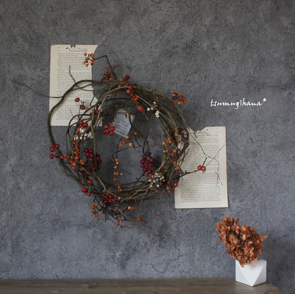 3種類の実もののリース№2 赤い実 サンキライ 山帰来 ドライフラワー