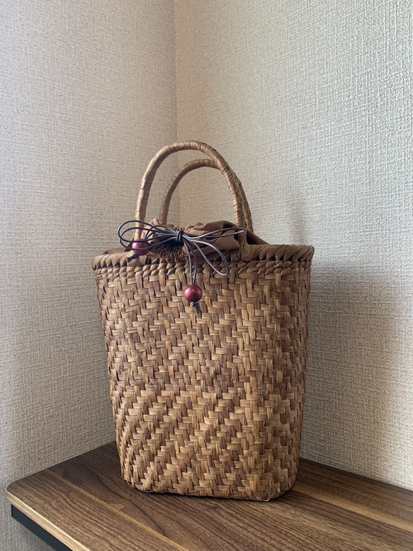 山葡萄山葡萄かごバッグ手作り山葡萄籠バッグ網代編み巾着タイプ内布