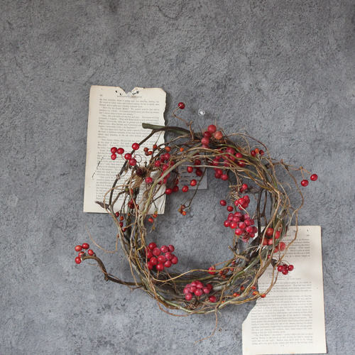 ベルギーナッツと赤い実と白い実を紡いだ　ふわふわなリース　ドライフラワー 赤い実と白い実を紡いだ アイアンベルが鳴る クリスマス リース ドライ