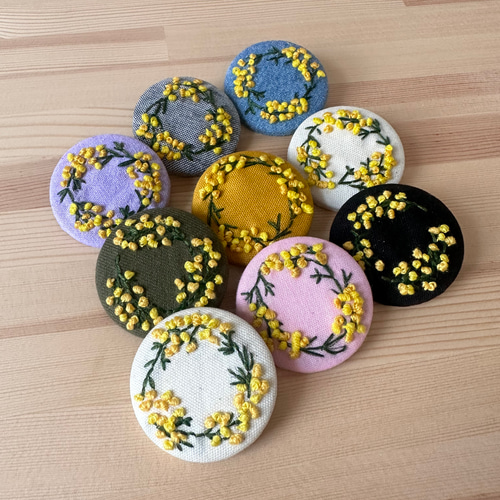 1⁑ ミモザ刺繍のヘアゴム くるみボタン アクセサリー ヘアゴム