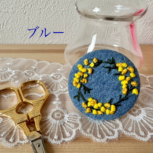 くるみボタン　刺繍　ヘアゴム　ブローチ　ミモザシリーズ ミモザの花束刺繍ヘアゴム くるみボタン ヘアゴム cocomu 通販