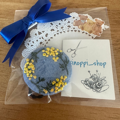 1⁑ ミモザ刺繍のヘアゴム くるみボタン アクセサリー ヘアゴム
