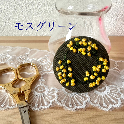 1⁑ ミモザ刺繍のヘアゴム くるみボタン アクセサリー ヘアゴム