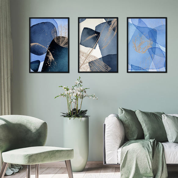 インテリアポスター【 ブルー07 】北欧アートでお部屋の模様替え 水彩 青 ゴールド 抽象画 アブストラクト 4枚目の画像