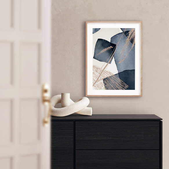 インテリアポスター【 ブルー07 】北欧アートでお部屋の模様替え 水彩 青 ゴールド 抽象画 アブストラクト 2枚目の画像