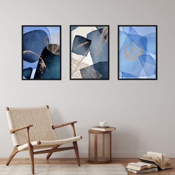 インテリアポスター【 ブルー08 】北欧アートでお部屋の模様替え 水彩 青 ゴールド 抽象画 アブストラクト 3枚目の画像
