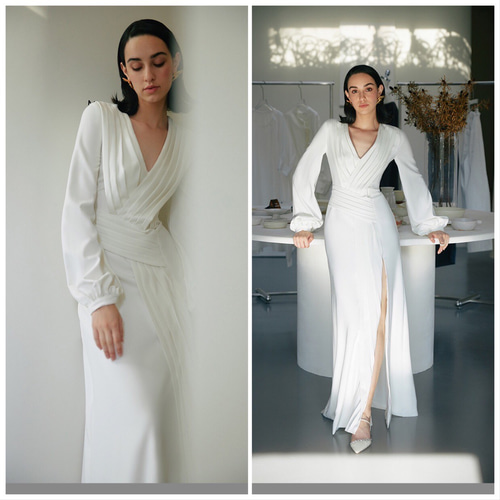 ロングスリーブ Vネック ウエディングドレス ドレス ウララ--1000着  