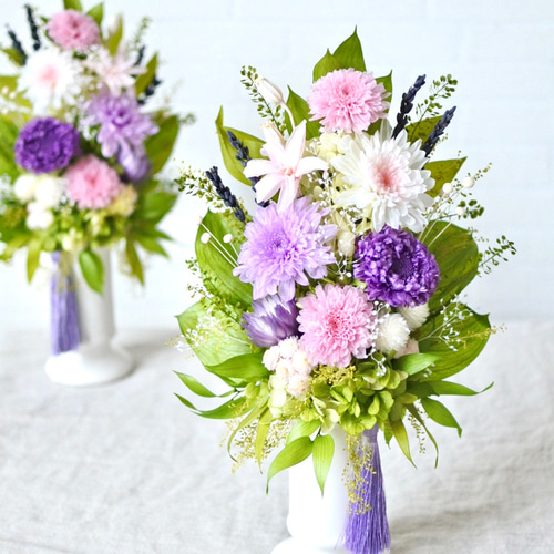 プリザーブドフラワー仏花 パープル 紫 かすみ草 ラベンダー 小さめ