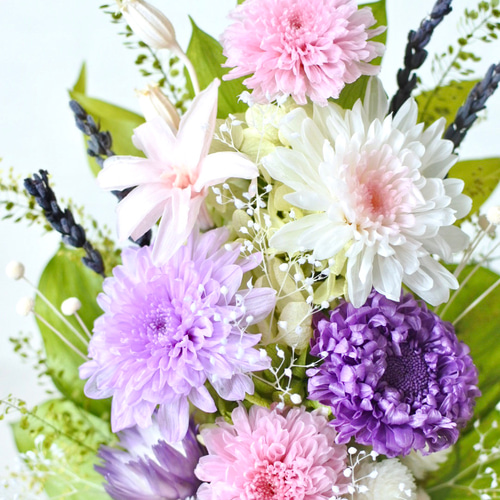 プリザーブドフラワー仏花 パープル 紫 かすみ草 ラベンダー 小さめ