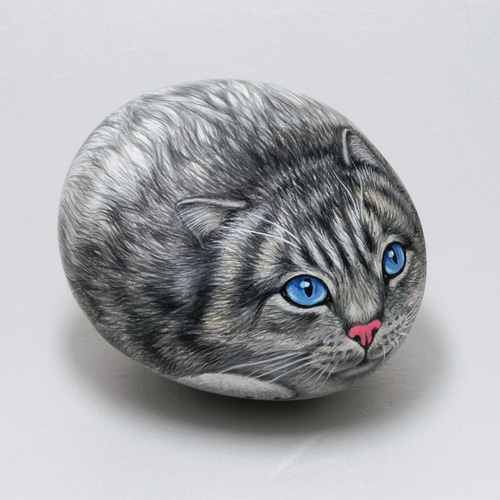 猫アート/ブルーアイ猫石/アニマルアート/1点ものストーンアート/癒し
