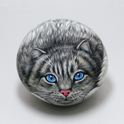 猫アート/ブルーアイ猫石/アニマルアート/1点ものストーンアート/癒し