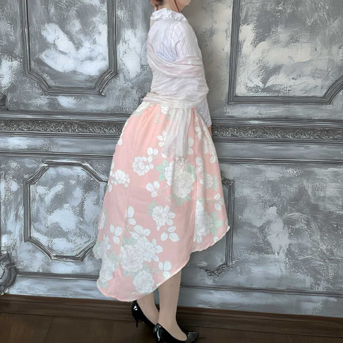 黒とピンク花柄のロングスカート着物リメイク ロングスカート