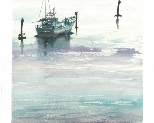 静かな海 海 船 水彩画 手描き 原画 絵画 SHOGO 通販｜Creema